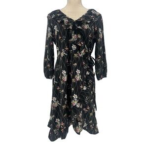 Millenium Women Black Floral Wrap Dress 3/4 Sleeve‎ Stretch Ruffle Medium